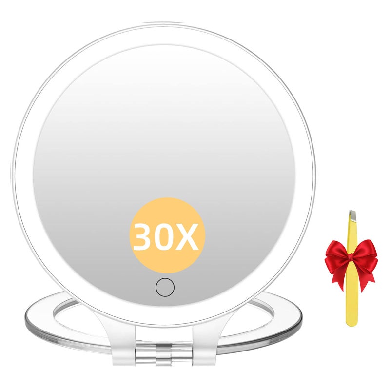FASCINATE Magnifying Mirror 30X 1X Double Sided Magnification Makeup Vanity Mirror Rechargeable Lighted Mirror with 3 Color Setting Adjustable Rotation LED Vanity Desk Mirror - Image 1