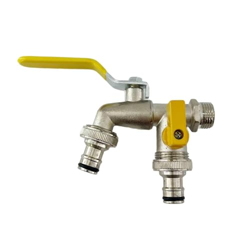 YUISI Dual Outlet Garden Tap, 1/2 Inch Heavy Duty Brass Wall Mounted Outdoor Faucet with Leak-Proof Design, Frost Resistant Water Flow Control for Gardening, Car Washing & Irrigation (Yellow) - Image 1