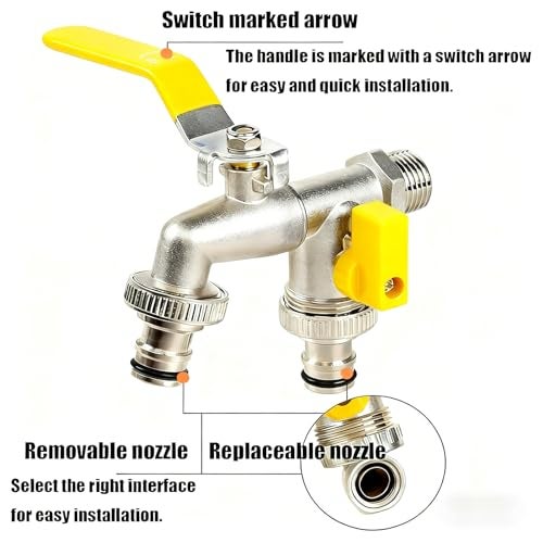 YUISI Dual Outlet Garden Tap, 1/2 Inch Heavy Duty Brass Wall Mounted Outdoor Faucet with Leak-Proof Design, Frost Resistant Water Flow Control for Gardening, Car Washing & Irrigation (Yellow) - Image 3