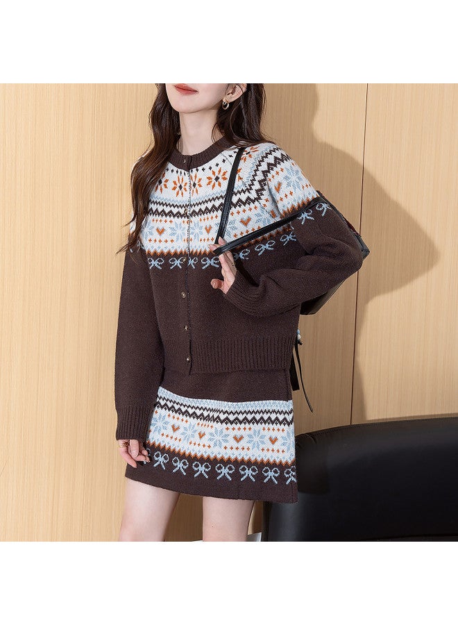 TonLion Women'S 2025 Autumn Set, Youthful And Sophisticated Fair Isle Pattern Cardigan And Skirt Two-Piece Outfit - Image 5