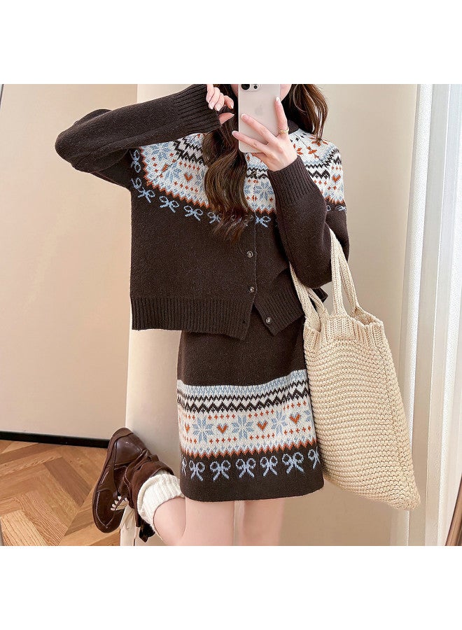 TonLion Women'S 2025 Autumn Set, Youthful And Sophisticated Fair Isle Pattern Cardigan And Skirt Two-Piece Outfit - Image 4