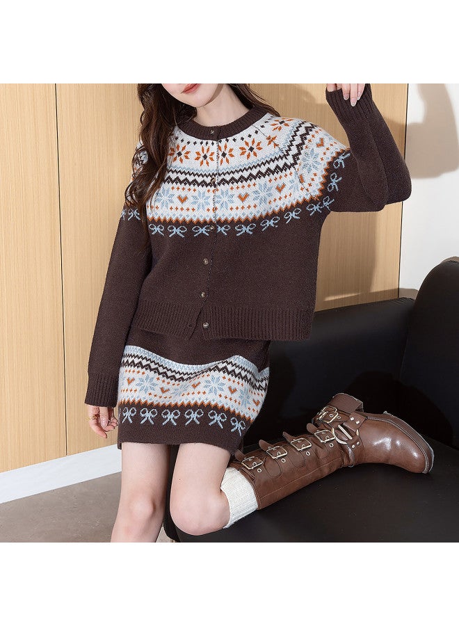 TonLion Women'S 2025 Autumn Set, Youthful And Sophisticated Fair Isle Pattern Cardigan And Skirt Two-Piece Outfit - Image 2