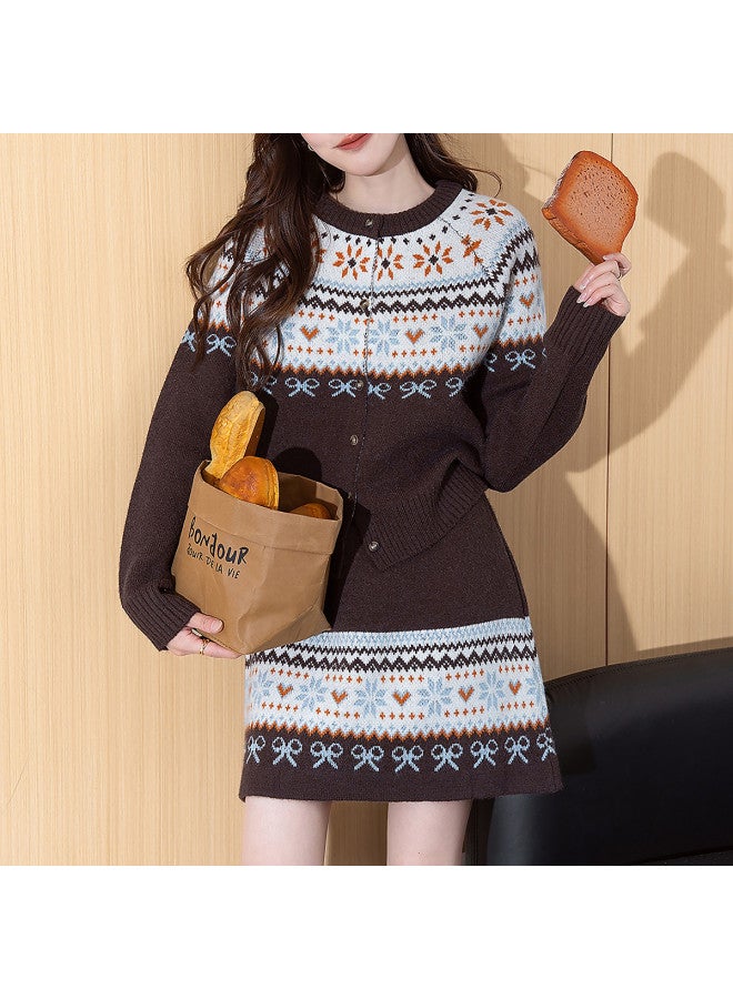 TonLion Women'S 2025 Autumn Set, Youthful And Sophisticated Fair Isle Pattern Cardigan And Skirt Two-Piece Outfit - Image 3