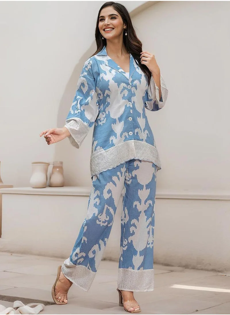 ISHIN Women's Blue 100% Cotton Embellished Button Down Full Length Palazzo Straight Fit Co-Ords