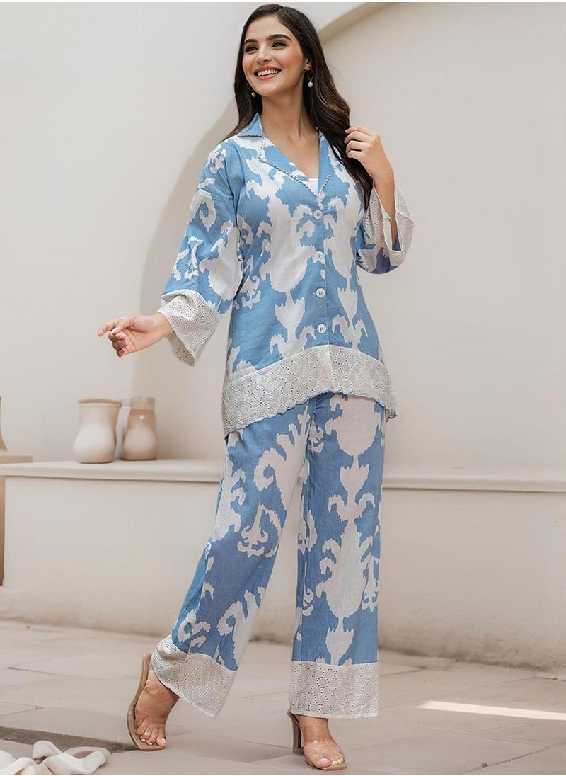 ISHIN - Women's Blue 100% Cotton Embellished Button Down Full Length Palazzo Straight Fit Co-Ords - Image 1