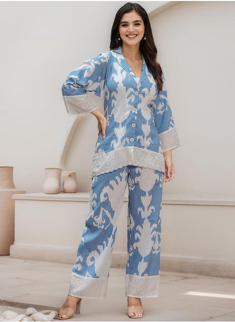 Women's Blue 100% Cotton Embellished Button Down Full Length Palazzo Straight Fit Co-Ords