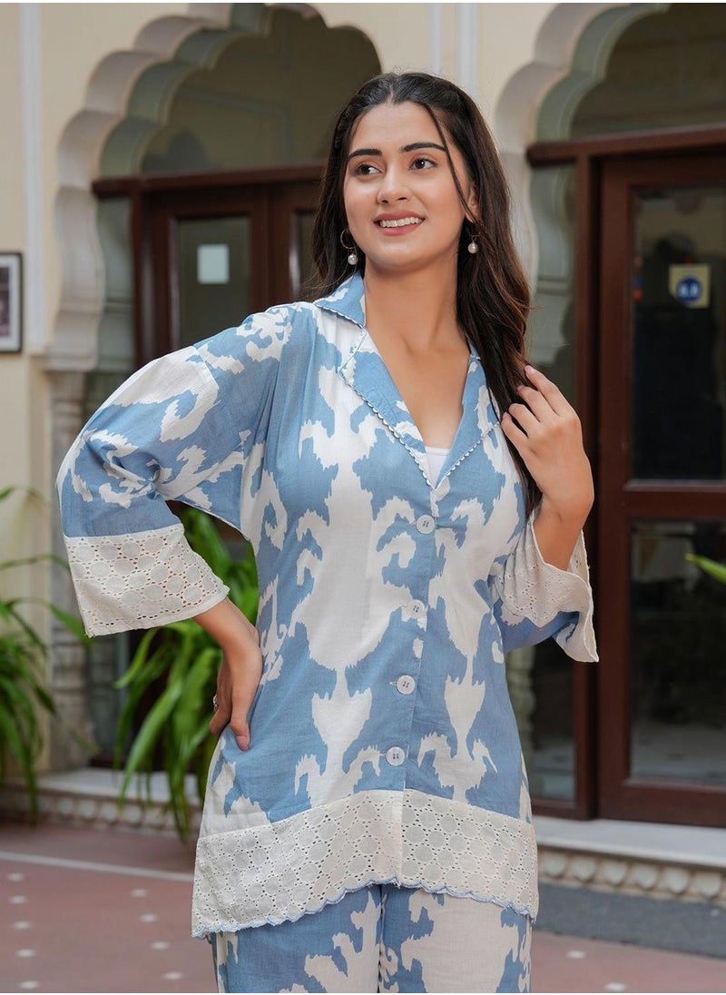 ISHIN - Women's Blue 100% Cotton Embellished Button Down Full Length Palazzo Straight Fit Co-Ords - Image 1