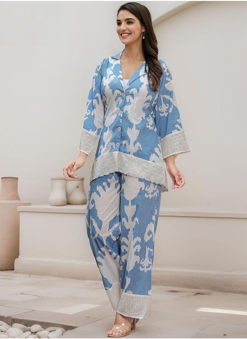 ISHIN - Women's Blue 100% Cotton Embellished Button Down Full Length Palazzo Straight Fit Co-Ords - Image 1