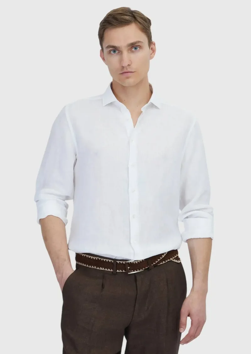 رامسي قميص أبيض سادة بقصة كاجوال، مصنوع من الكتان بنسبة 100%