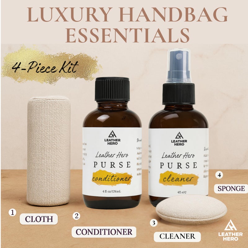 Leather Hero Leather Purse Cleaner & Conditioner Kit â€“ 4pc Set with 4oz Cleaner, 4oz Conditioner, Microfiber Cloth & Applicator Sponge â€“ Leather Bag & Handbag Care for Luxury Purses & Designer Bags - Image 2