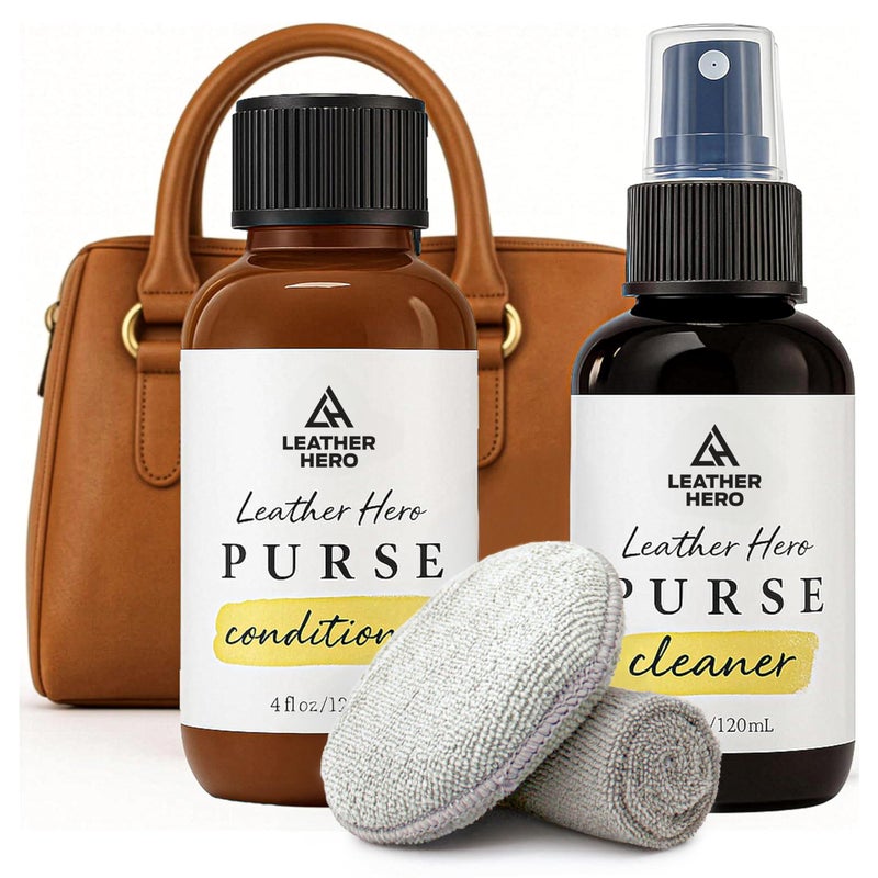 Leather Hero Leather Purse Cleaner & Conditioner Kit â€“ 4pc Set with 4oz Cleaner, 4oz Conditioner, Microfiber Cloth & Applicator Sponge â€“ Leather Bag & Handbag Care for Luxury Purses & Designer Bags - Image 1