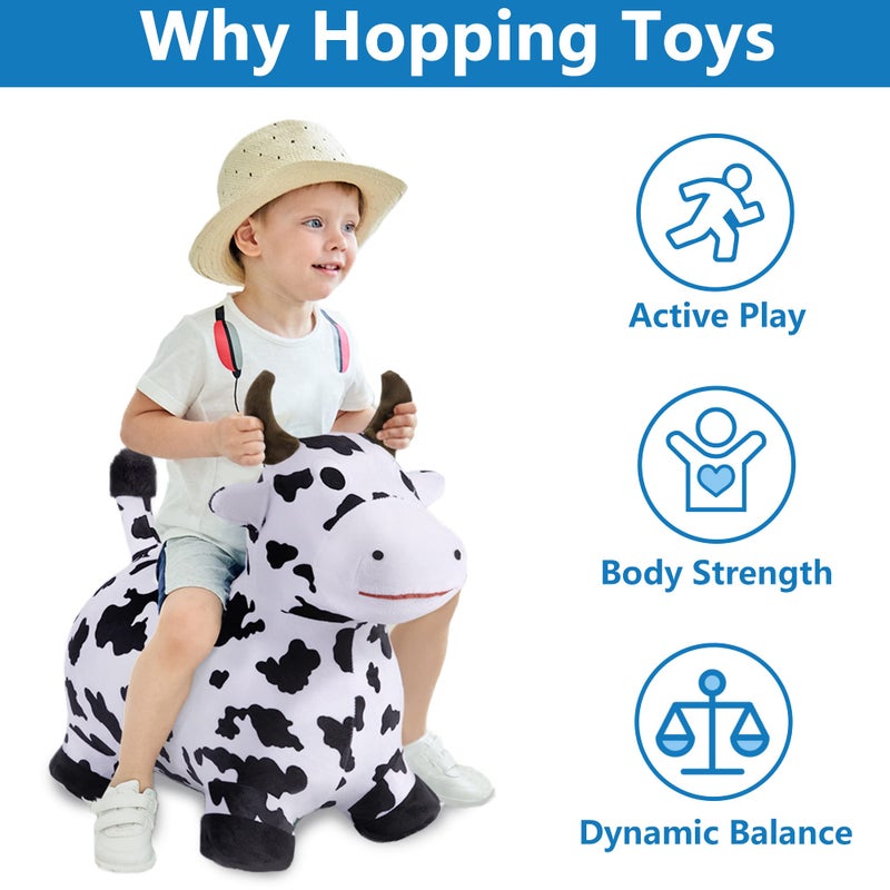 iPlay, iLearn Bouncy Pals Hopping Cow Horse, Toddler Girl Boy Inflatable Bouncing Animal Hopper Toy, Outdoor Indoor Plush Ride on Bouncer, Baby Birthday Gift 18 Month 2 3 4 Year Old Kid - Cow - Image 2