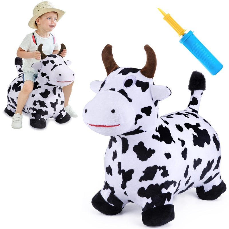 iPlay, iLearn Bouncy Pals Hopping Cow Horse, Toddler Girl Boy Inflatable Bouncing Animal Hopper Toy, Outdoor Indoor Plush Ride on Bouncer, Baby Birthday Gift 18 Month 2 3 4 Year Old Kid - Cow - Image 1