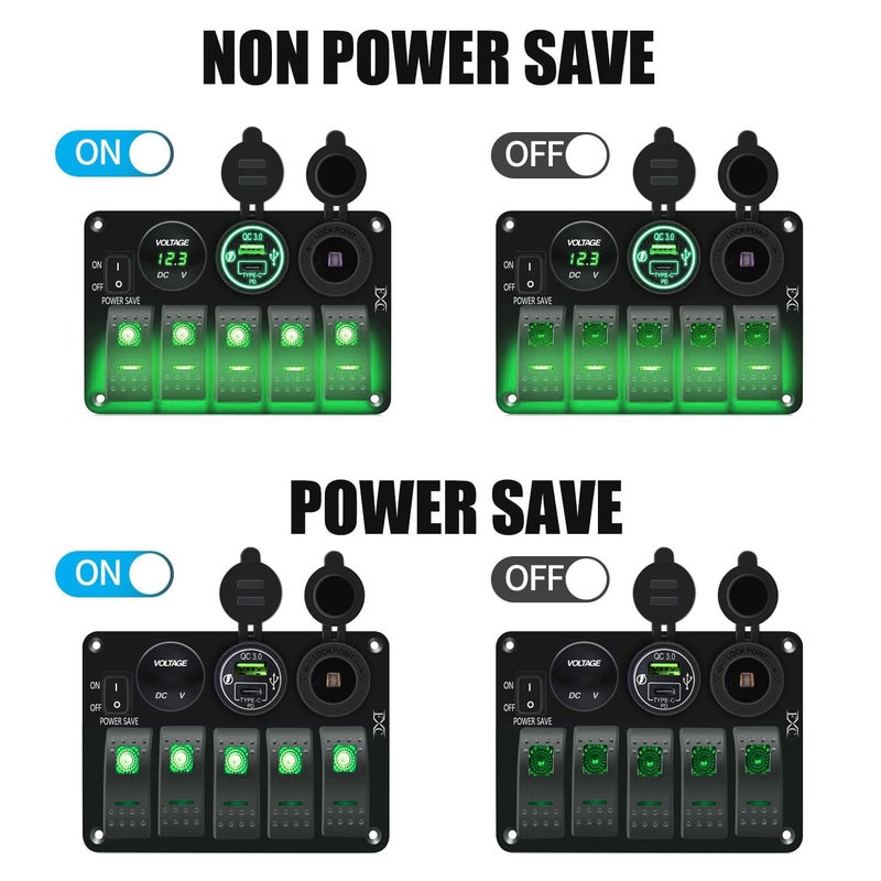 FXC Waterproof Rocker Switch Panel Green 5 Gang with QC3.0 USB & Type-C Slot Socket + Cigarette Lighter +LED Voltmeter with Power Save for Car Rv Marine Boat Truck - Image 2