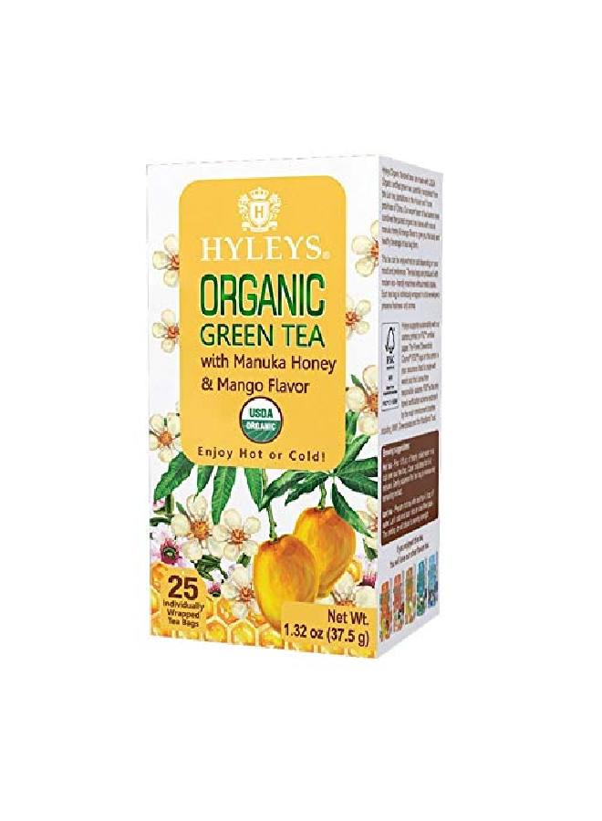 Hyleys Organic Green Tea With Manuka Honey & Mango Flavor 25 Tea Bags (100% Natural Sugar Free Gluten Free And Nongmo)