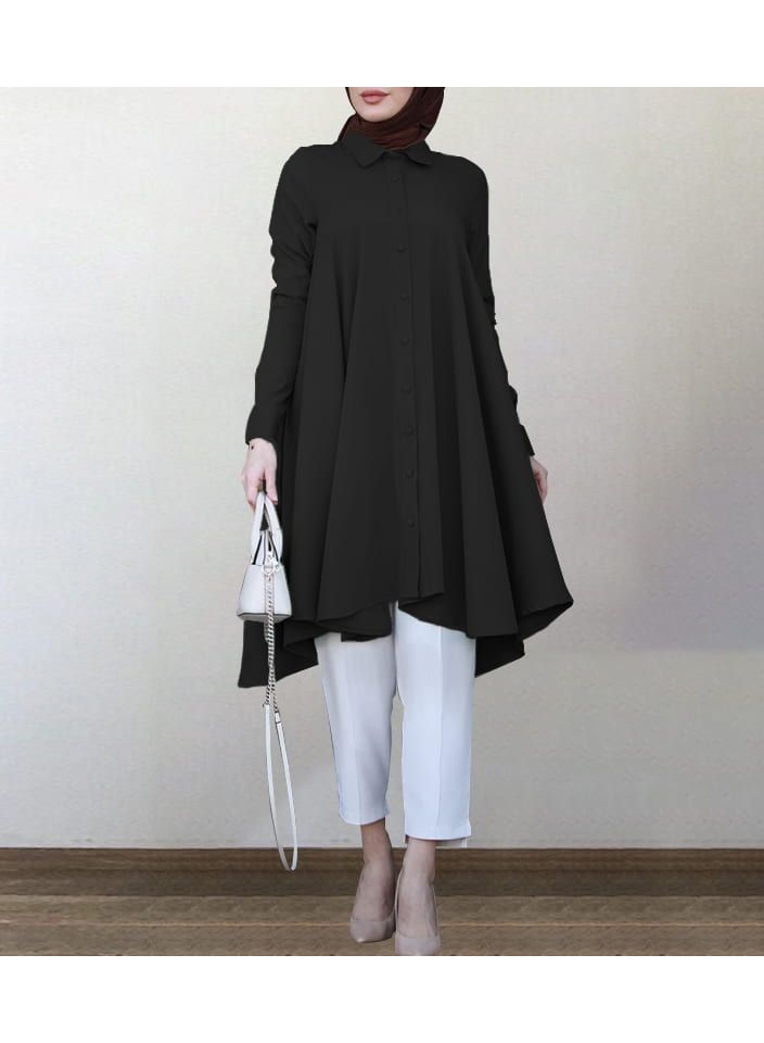 KUYING New Solid Color Minimalist Temperament Lapel Shirt Skirt Mid Length Dress 