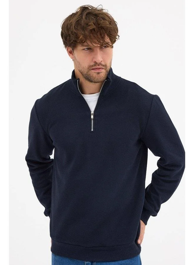 Mmetalic  Men's Navy Standard Fit Regular Cut Cotton Half-Zip Stand Collar Cotton Sweatshirt for Men | Best Price UAE