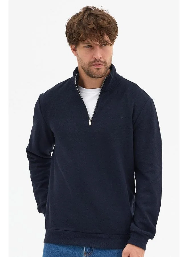 Men's Navy Standard Fit Regular Cut Cotton Half-Zip Stand Collar Cotton Sweatshirt
