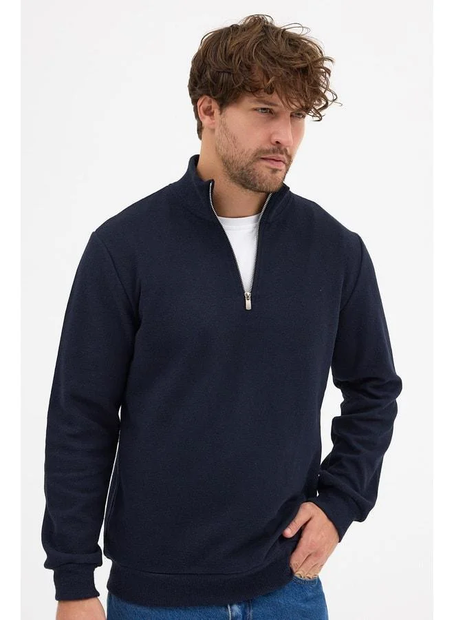 Mmetalic  Men's Navy Standard Fit Regular Cut Cotton Half-Zip Stand Collar Cotton Sweatshirt for Men | Best Price UAE