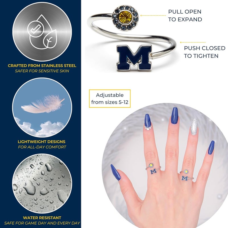 Stone Armory University of Michigan Wolverines Gifts for Women - Blue Michigan Ring with Crystals - Hypoallergenic and Adjustable Sizes 5-12 - Michigan Wolverines Jewelry - Image 2