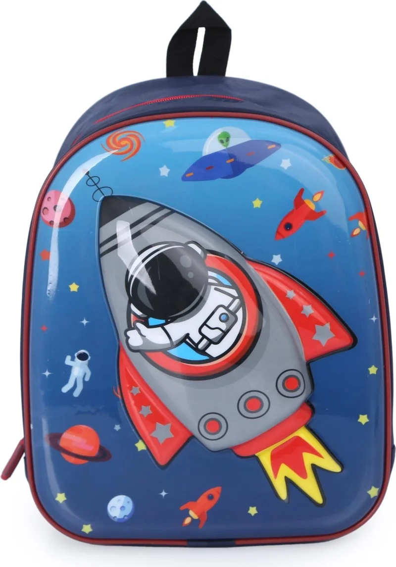 Masho Trend Navy Blue Fabric Rocket Galaxy Kindergarten Bag + Water Bottle - Boy Bag - Nursery Bag