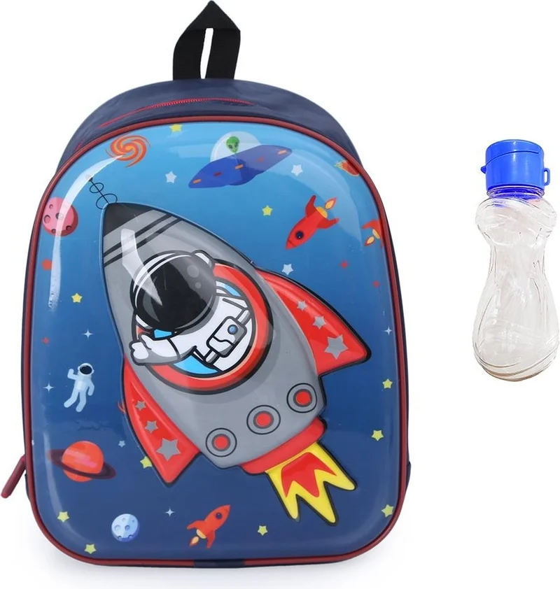 Masho Trend Navy Blue Fabric Rocket Galaxy Kindergarten Bag + Water Bottle - Boy Bag - Nursery Bag