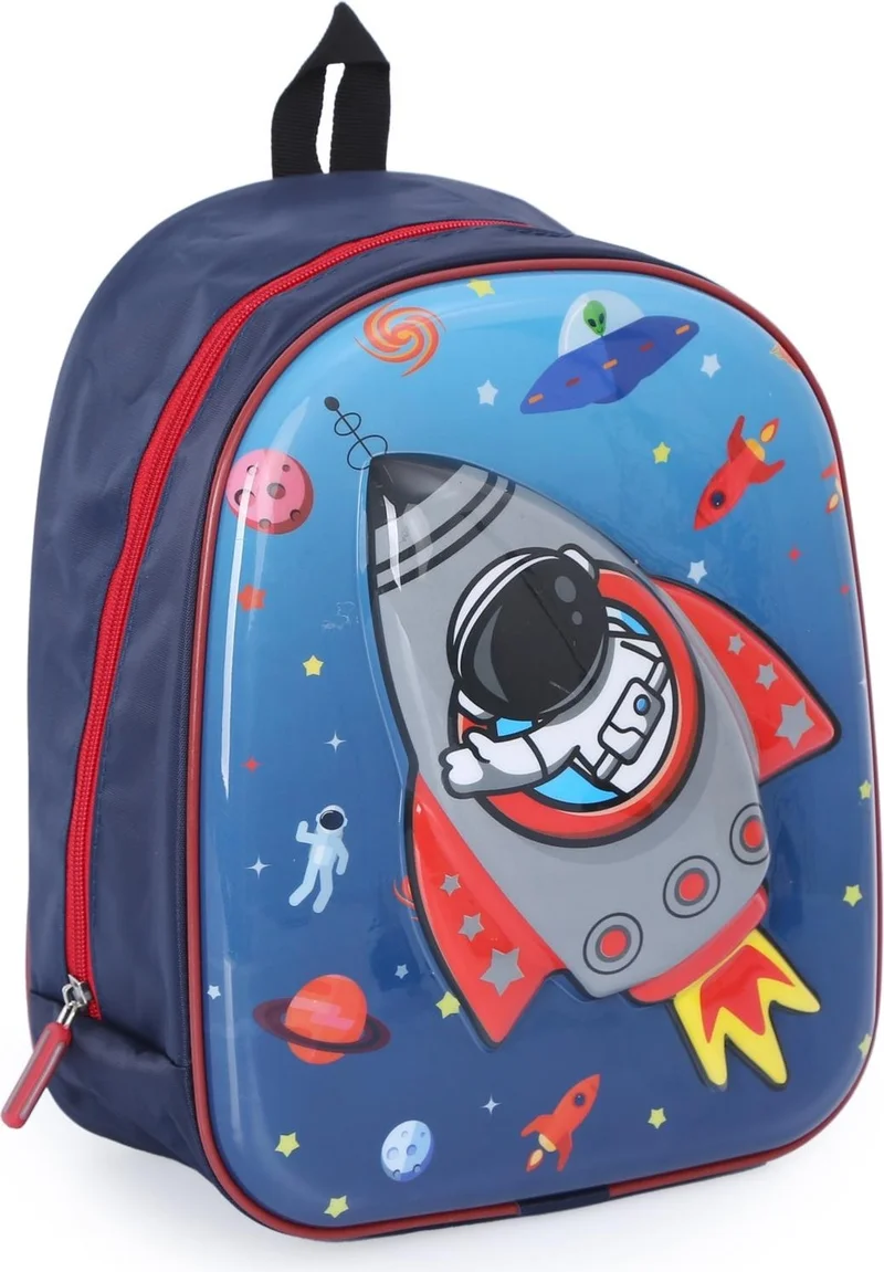 Masho Trend Navy Blue Fabric Rocket Galaxy Kindergarten Bag + Water Bottle - Boy Bag - Nursery Bag