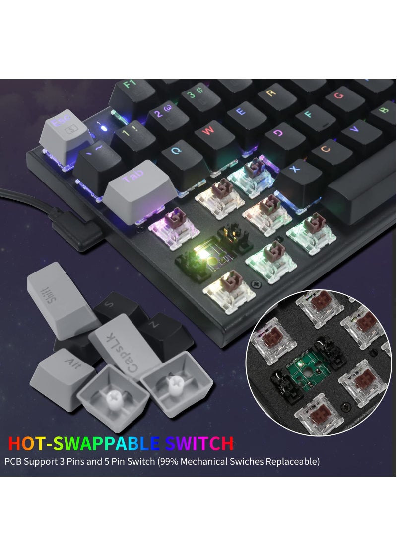 94keys Mechanical Keyboard, Brown Switch Wired Gaming Keyboard with RGB Backlit, Hot-Swappable, Arrow Keys Numpad for PC and MAC Gamer, Black Grey