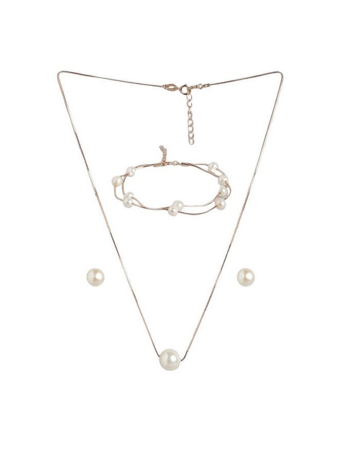 ZAVYA Rose Gold Plated Freshwater Pearl 925 Pure Silver Jewellery Set Trio with Rose Gold Chain With Authenticity Certificate CJS 10013| special - Image 1