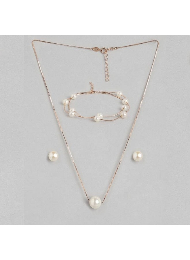 ZAVYA Rose Gold Plated Freshwater Pearl 925 Pure Silver Jewellery Set Trio with Rose Gold Chain With Authenticity Certificate CJS 10013| special - Image 4