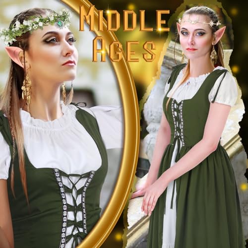 Bonuci 6 Pcs Women Renaissance Fairy Costume Halloween Cosplay Outfit Medieval Victorian Dress Elf Ears Fairy Headpiece Set(Xs,Olive Green) - Image 5