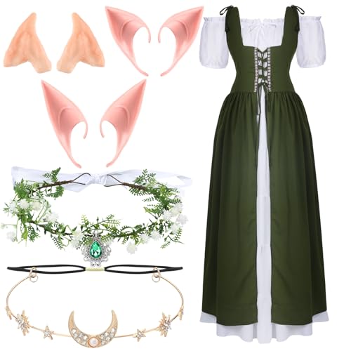 Bonuci 6 Pcs Women Renaissance Fairy Costume Halloween Cosplay Outfit Medieval Victorian Dress Elf Ears Fairy Headpiece Set(Xs,Olive Green) - Image 1