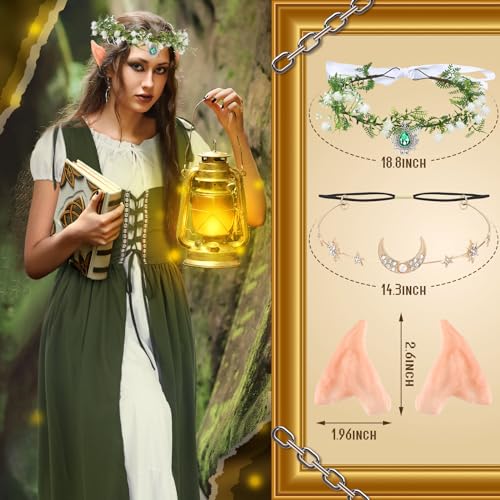 Bonuci 6 Pcs Women Renaissance Fairy Costume Halloween Cosplay Outfit Medieval Victorian Dress Elf Ears Fairy Headpiece Set(Xs,Olive Green) - Image 3