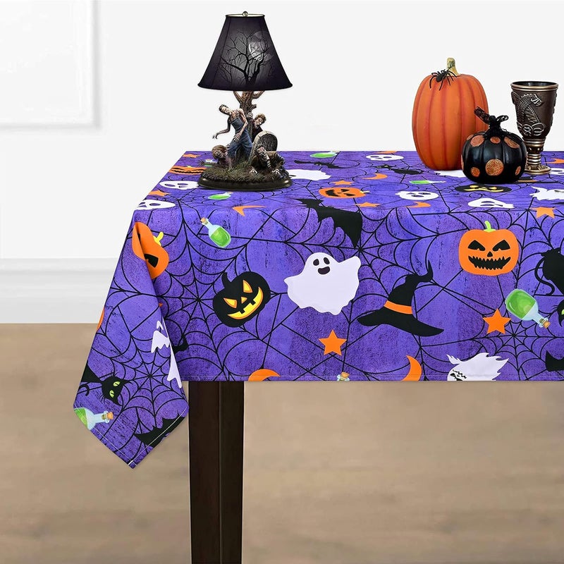 ASPMIZ Halloween Tablecloth Spider Web and Pumpkin Table Cloth Bat Cobweb and Ghost Waterproof Tablecloths Spillproof Tablecover for Dinner Party Decoration Purple Rectangle 60 x 84 Inch - Image 1