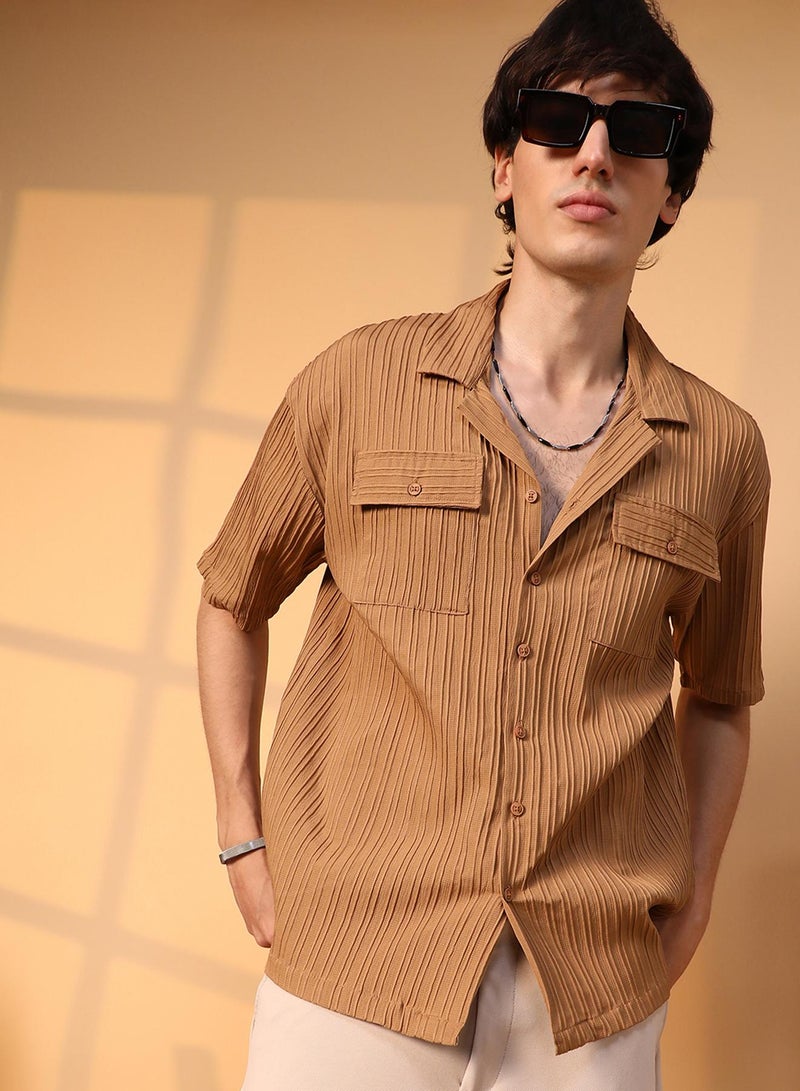 Campus Sutra Campus Sutra Men's Camel Brown Tactile-Lined Oversized Shirt For Casual Wear | Cuban Collar | Short Sleeve | Button Closure | Oversized Shirt Crafted With Comfort Fit For Everyday Wear  - Image 1