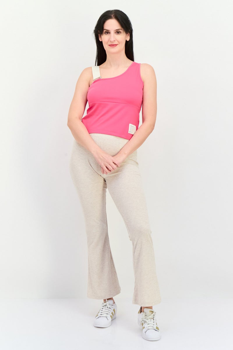 TRIBE OF 6 Women Asymmetric Neck Sleeveless Brand Logo Tank Top, Dark Pink - Image 3