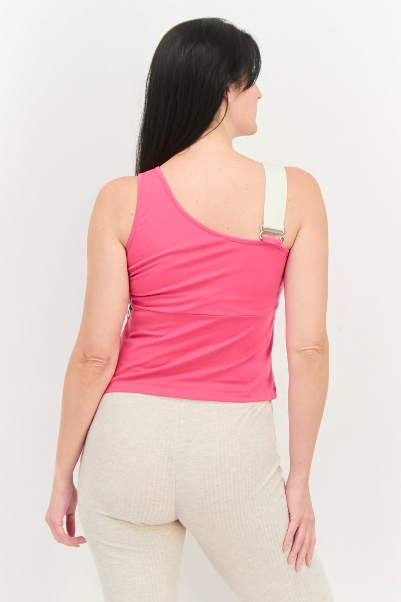 TRIBE OF 6 Women Asymmetric Neck Sleeveless Brand Logo Tank Top, Dark Pink - Image 2