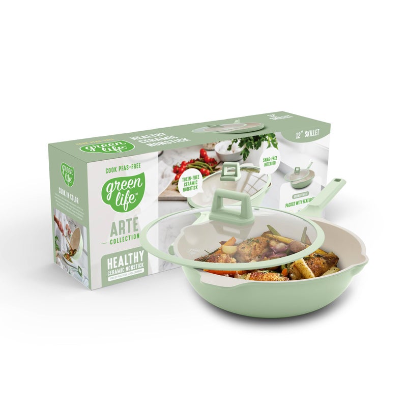 GreenLife Nonstick 12 5QT All in One Deep Skillet Wok with Lid PFASFree NonToxic Ceramic MultiPurpose Pan Induction All Stovetop Egg Stir Fry Saute Stay Cool Handle Sage Green