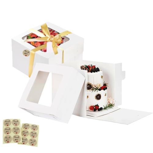 KoberrLi 12x12x12 Cake Boxes Tall Cake Boxes White 2 Tier Bakery Cake Transport Container with Window for Weddings Birthdays Decorating with Ribbons 2 Pack - Image 1