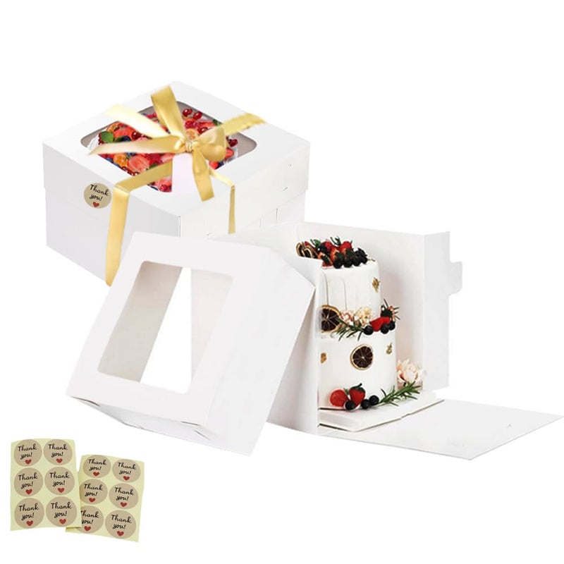 KoberrLi 12x12x12 Cake Boxes Tall Cake Boxes White 2 Tier Bakery Cake Transport Container with Window for Weddings Birthdays Decorating with Ribbons 2 Pack - Image 2