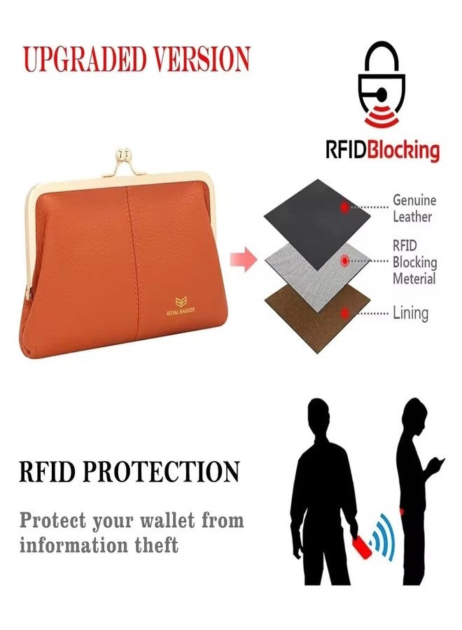Royal Bagger RFID Kiss Lock Wallet, Solid Color Multi-card Slots Card Holder, Genuine Leather Clutch Purses for Women 1468 (Orange) - Image 4