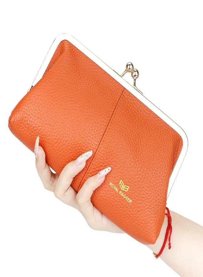 Royal Bagger RFID Kiss Lock Wallet, Solid Color Multi-card Slots Card Holder, Genuine Leather Clutch Purses for Women 1468 (Orange) - Image 3
