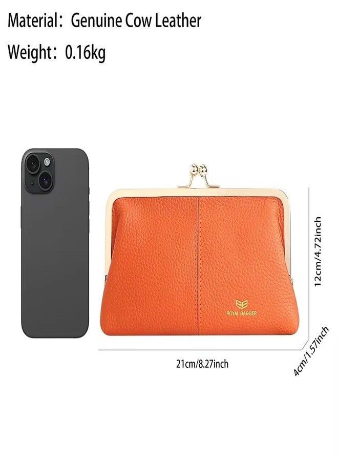 Royal Bagger RFID Kiss Lock Wallet, Solid Color Multi-card Slots Card Holder, Genuine Leather Clutch Purses for Women 1468 (Orange) - Image 5