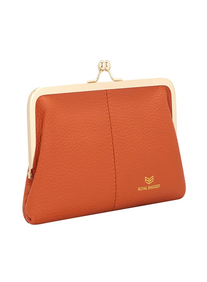 Royal Bagger RFID Kiss Lock Wallet, Solid Color Multi-card Slots Card Holder, Genuine Leather Clutch Purses for Women 1468 (Orange) - Image 1