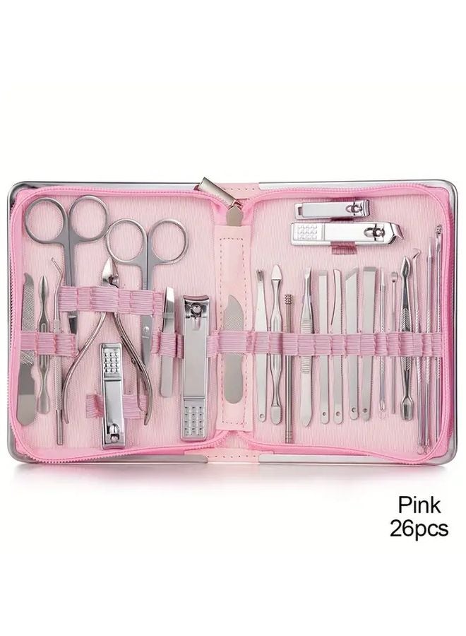 26 قطعة مبراة أظافر وردية مجموعة مانيكير مقص لقطع الأظافر من الفولاذ المقاوم للصدأ وأدوات قطع الجليدة - Image 1