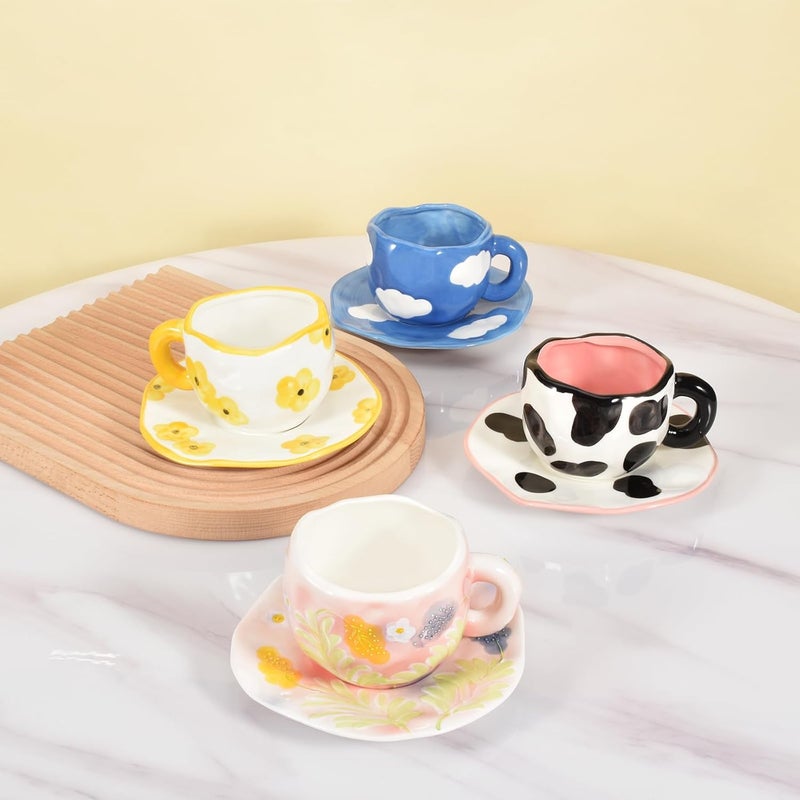 Koythin Ceramic Coffee Mug with Saucer, Cute Unique Handmade Cup for Women for Office and Home, Dishwasher and Microwave Safe, 10 oz/300 ml for Latte Tea Milk (Dark Blue Sky and White Clouds) - Image 4