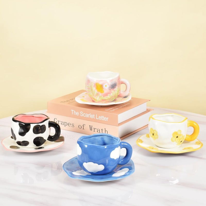 Koythin Ceramic Coffee Mug with Saucer, Cute Unique Handmade Cup for Women for Office and Home, Dishwasher and Microwave Safe, 10 oz/300 ml for Latte Tea Milk (Dark Blue Sky and White Clouds) - Image 5