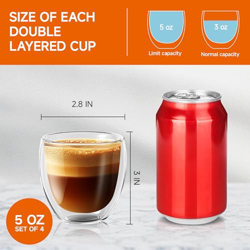 TECOHORS 5 Ounces Set of 4 Double Walled Glass Coffee Mugs Insulated Layer Coffee Cups Borosilicate Glass Espresso Double Insulated Clear Glass Coffee Mug for Hot Beverages - Image 4