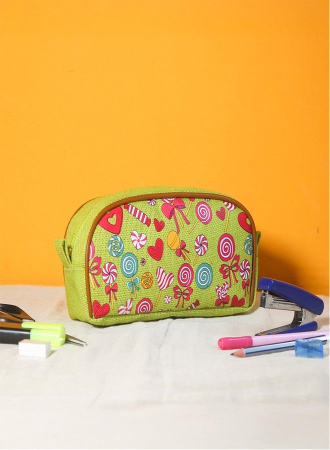 Jute Cottage Eco-Friendly Candy Print Pencil Pouch for Kids | Natural Jute Stationery Organizer with Smooth Zip | Durable, Lightweight & Travel-Friendly | Ideal Return Gift & (Green) - Image 2