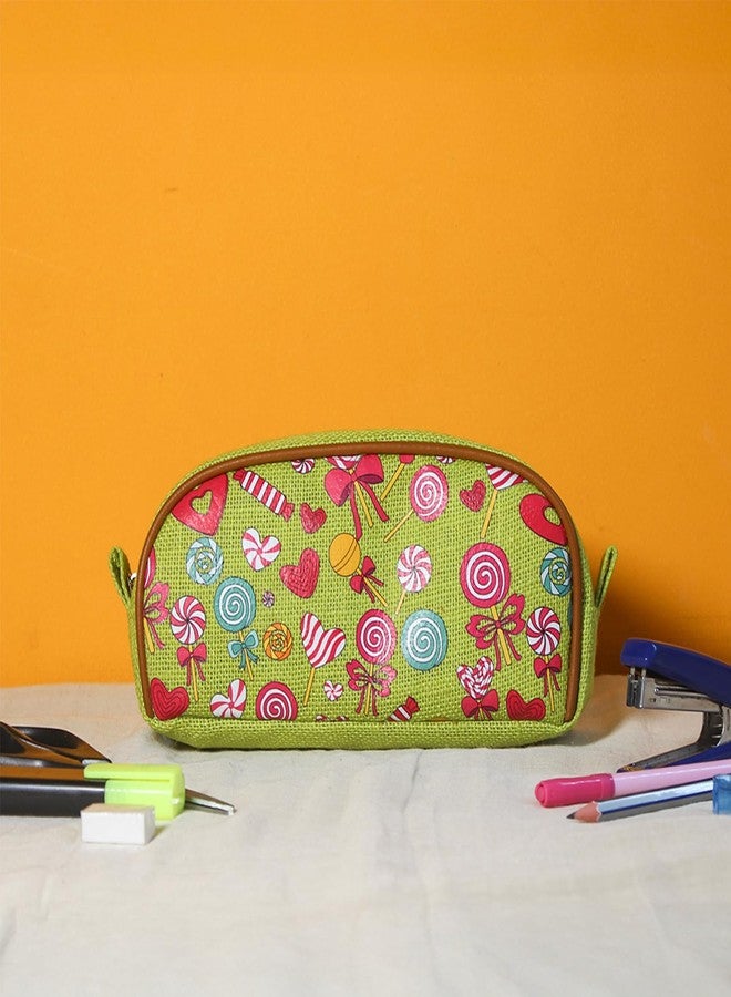 Jute Cottage Eco-Friendly Candy Print Pencil Pouch for Kids | Natural Jute Stationery Organizer with Smooth Zip | Durable, Lightweight & Travel-Friendly | Ideal Return Gift & (Green) - Image 3